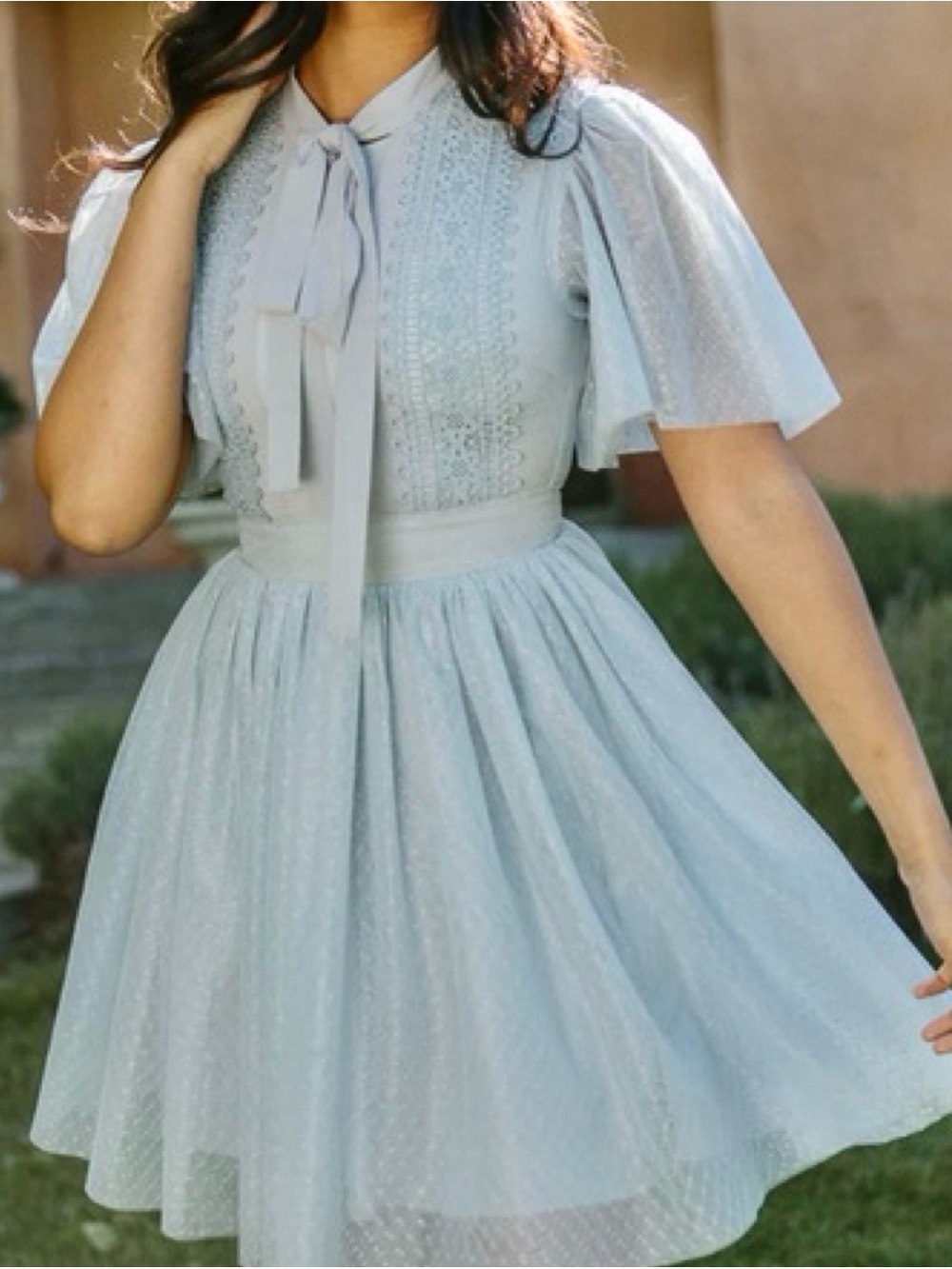 NWT Ivy City Co Medium Kate Powder Blue Tulle Flutter Sleeve Tie-Neck Dress